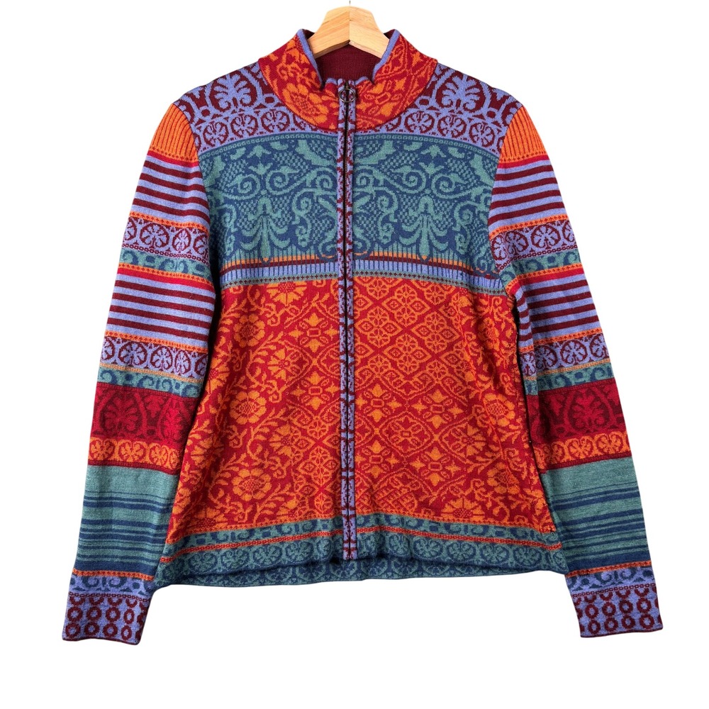 Icelandic Design Womens Large Full Zip Wool Blend Fair Isle Cardigan Sweater Red